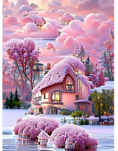 MXJSUA Diamond Painting Erwachsene Landschaft, Diamond Painting Diamant Painting Bilder Landschaft 5D Diamant Malerei Kits, DIY Diamond Painting Kits Rosa Haus im See 30x40cm für Wanddekoration
