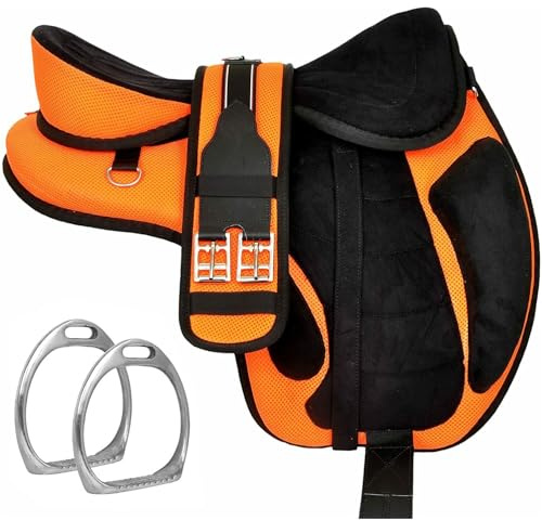 Selle sans arçon Freemax en similicuir pour cheval anglais avec sangle assortie et paire d'étrier en aluminium (Orange, assise de 43,2 cm)