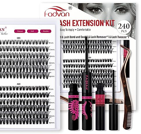 FADVAN DIY Wimpern Extensions Set 30+40D D-Curl 240 Pcs Individual Lash Cluster Wimpern Kleber und Schuzter für Einzelne Wimpern, Applicator Tool,Entferner, Wimpernverlängerung Kit(FD-RRTH-30+40D)