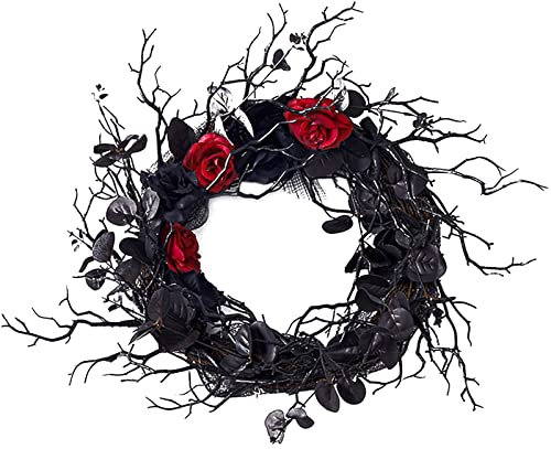 Belupai Black Halloween Wreath, 17.7in Artificial Eucalyptus Wreath with Roses, Skull Head, Perfect for Front Door, Wall or Window