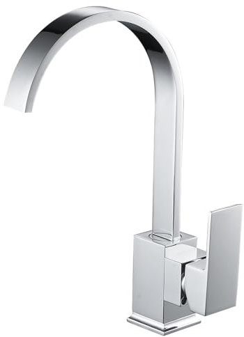 Rubinetto miscelatore per lavello da cucina, in ottone massiccio, finitura cromata, moderno, quadrato, bocca piatta, girevole a 360 gradi, effetto cascata, rubinetto monoblocco per leva singola, con