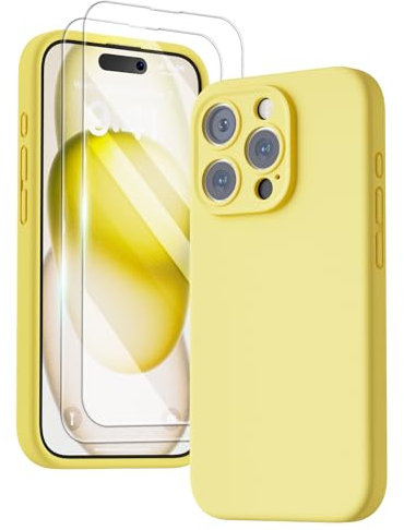 GOODVISH 3 in 1 Silicone for iPhone 15 Pro Case, [2 HD Screen Protector]+ Upgraded [Camera Protection], Shockproof Protective Silicone Soft Microfiber Lining Smooth Phone Case Cover 6.1, Yellow
