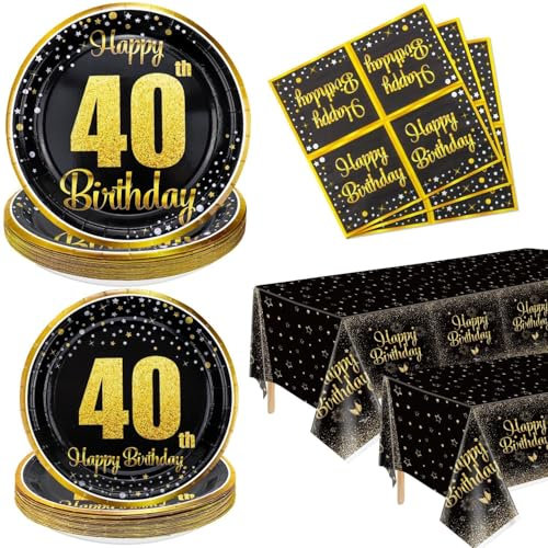 40th Birthday Decorations for Women and Men - 122Pcs Plates Napkins 40th Tablecloth Black and Gold Party Decorations Serve 40