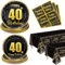 40th Birthday Decorations for Women and Men - 122Pcs Plates Napkins 40th Tablecloth Black and Gold Party Decorations Serve 40
