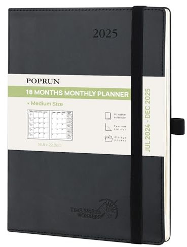 POPRUN Kalender 2025 Monatsplaner A5 (Jul.2024 - Dez.2025) - 18 Monate Monatskalender Softcover 22 x 16,5 cm - 1 Monat 4 Seiten, mit PU-Leder, 100 GSM Papier - Schwarz