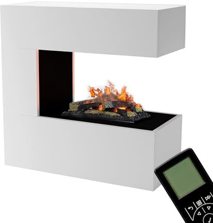 KAMINLICHT Wasserdampf Kamin Room Divider (Standkamin) - Elektrokamin mit realistischen LED 3D-Flammen, Knistereffekt & Fernbedienung, 80x80x37 cm - Opti-Myst 400 Elektro Kamin mit Holz-Deko, Weiß
