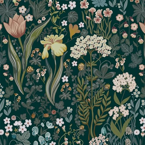 Reqfen Selbstklebende Tapete Blumen Grüne Abnehmbar Vinyl Klebefolie Möbelfolie Blume Blatt Tapete Aufkleber Wasserdicht Tapete Vintage Wanddeko Wandtapete für Schlafzimmer Wohnzimmer, 41CMX10M