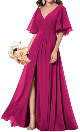 WSEYU Abiti da damigella d'onore con scollo a V abiti lunghi con tasche A-Line in chiffon abiti da festa formale abiti da sera con fessura, Fucsia, 58 Più