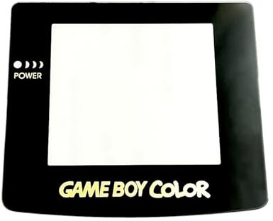 GBC Extra Glas-Spiegel-Displayschutzabdeckung, Schwarz + Gold-Logo-Ersatz, für Gameboy-Spielekonsole, benutzerdefinierte kratzfeste Display-Schutzoberfläche mit Klebeband