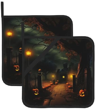 MyPiky Topflappen mit gruseligem Halloween-Druck, hitzebeständig, für heiße Pads, Kochen, Backen, Grillen, Mikrowelle, 2 Stück