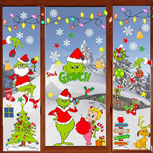 9 Sheets Grinch Weihnachtsaufkleber, Grinch Fensteraufkleber, Doppelseitig Grinch Schneeflocken Aufkleber, Fensterbilder Weihnachten Selbstklebend für Zuhause Schule Party Fensterdeko