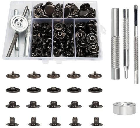40 Sets Druckknopf Set, Kupfer Druckknöpfe Metall Schwarz Kleidung Snaps Taste mit Fixierwerkzeug Kit, 15 mm Leder Druckknöpfe Set, für Leder Handwerk Jacke Brieftasche Handtasche