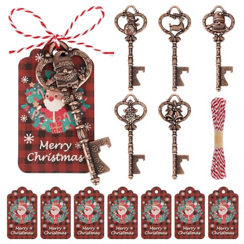 50Pcs Christmas Key Bottle Opener Bulk Xmas Party Favors Santa Claus Tree Snowman Bell Deer Beer Bottle Openers with Cards and Ropes, for Christmas Theme Ornaments Decoration Festive Coworkers Gift