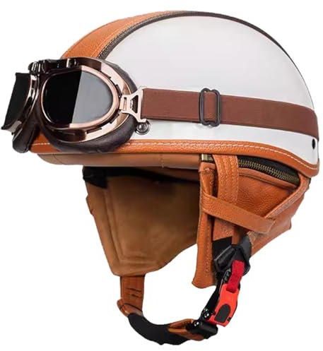 Casco Jet Moto Vintage Omologato ECE Mezzo Pelle Casco Da Motociclista Caschi Cromwell Con Occhiali Portatile Casco A Scodella Per Uomo Donna Scooter Street Cruiser 4,M:56-57CM