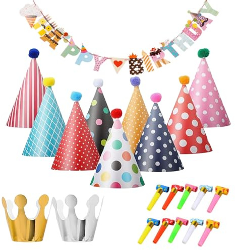 QSZHSL 22 Stück Partyhüte Geburtstag Set, Papier Krone Hut Party Kegel Hüte Kindergeburtstag Tröte, Party Hüte zum Geburtstag mit Pompons, Für Familienfeiern Für Kinder und Erwachsene