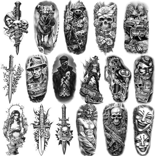 Tatouage temporaire noir pour hommes et femmes, 77 feuilles de faux tatouages réalistes et imperméables, autocollants de tatouage à motif d'épée de clown de voleurs de bouledogues