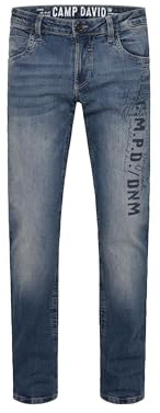 Camp David NI:CO Herren Jeans Regular Fit Stretch Dark Blue Printed | gerades Bein, mittlere Leibhöhe, Five-Pocket, Zip-Fly, Logo-Print, helle Vintage-Waschung und breite Steppnähte 38 30