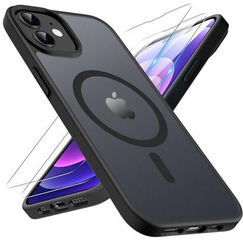 TQIAHF Magnetic Phone Case for iPhone 12/iPhone 12 Pro Case with 2 Tempered Glass Screen Protector Compatible with MagSafe Military Grade Translucent Matte Phone Cover for iPhone 12/12 Pro,Black