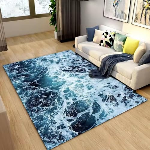 PEIHUODAN 3D Ocean Landscape Blue Sea Waves Flannel Rug - Non-Slip Washable Carpet for Living Room, Bedroom, Hallway & Game Room - Multi-Room Decorative Floor Mat with Anti-Skid Backing, 140x200 cm