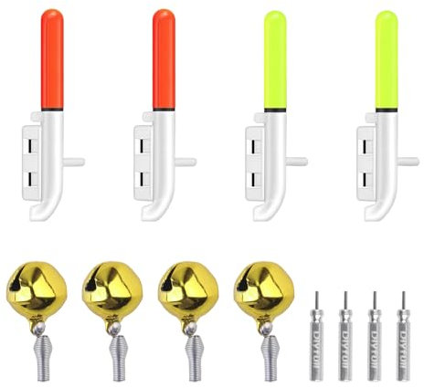 JINXIAN 4 Stück Bissanzeiger Angeln LED Knicklichter Angeln mit Alarm Glocke Angelzubehör mit Anti Stress Schwammschnalle für Angelrute Nachtangeln und Meeresangeln