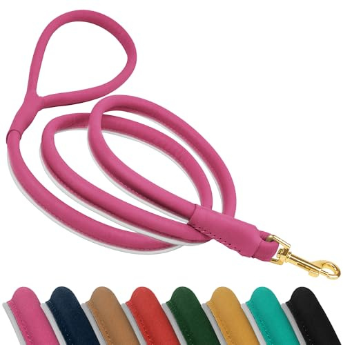 OOPSDOGGY Reflektierende Hundeleine aus gerolltem Leder, 1,8 m, langlebig, für kleine, mittelgroße und große Hunde, Rosa, Größe L