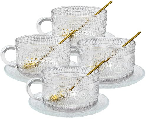 TEXIJUSO 4 Set Glass Coffee Mugs, Large Clear Vintage Ribbed Cups with 4pcs Spoons 4pcs Glass Saucer, Can Shaped Sunflower Beads Coupe and Coasters for Drinking Cappuccino, Latte, Tea, Yogurt, Milk