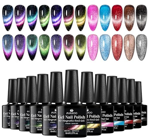 MSRUIOO 12 Farben UV Nagellack Cat Magnet Eye 9D Shellac Cat Eye Gel Nagellack Set mit Magnet, Reflektierend Magnetisch Schellack für Anfänger Maniküre Salon 8ML