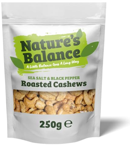 Nature’s Balance Roasted Cashew Nuts 250g Sea Salt & Black Pepper Flavour | Gourmet Whole Cashews with a Bold Flavour | Crunchy & Fresh in Resealable Bag