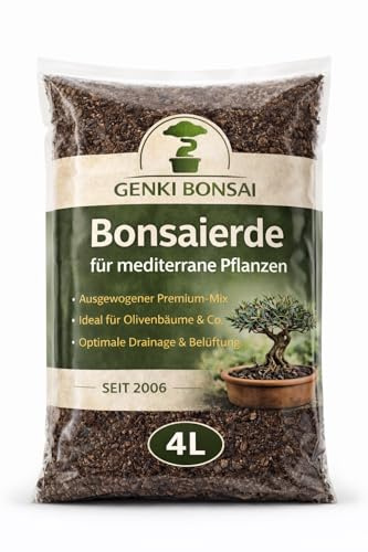 GENKI BONSAI Mediterrane Erde 4L für Olive, Granatapfel & Kübelpflanzen | Mineralisches Substrat, Mittelmeerstil, trockene Standorte & Winterquartier