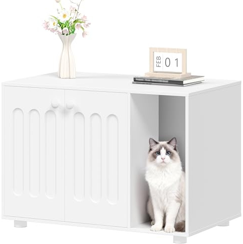 Hzuaneri Cat Litter Box Enclosure, Hidden Litter Box Cabinet, Modern, White | Litter Box Cabinet Furniture with Legs, Wooden Cat Litter Cupboard, 2 Door Independent Partition, 80 x 48 x 51 cm, CB87903X