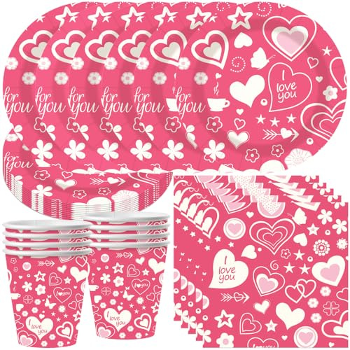 JAHEMU Stoviglie per Feste a Forma di Cuore di San Valentino Forniture per Feste Amore Stoviglie Set Matrimonio San Valentino Feste Bicchieri Piatti Carta Tovaglioli 10 Ospiti
