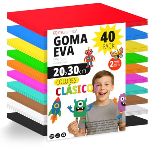 OFITURIA Set mit 40 Moosgummiplatten in klassischen Farben, Größe 20 x 30 cm, 10 Basisfarben, für Schule oder Beruf, EVA-Schaum (klassisches Sortiment)