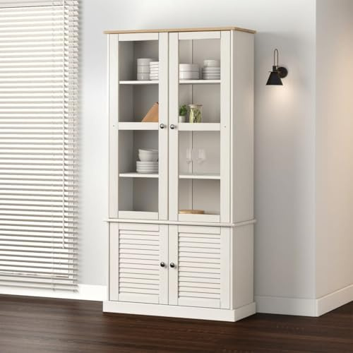 Teenpull Vigo Vigo Vitrine blanche 85 x 35 x 170 cm, pin massif, verre, espace de rangement pour collections, étagère pour salon, bibliothèque durable