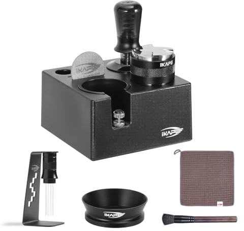 IKAPE 58mm Black Espresso Tool Set 8 IN 1, Coffee Tamper, Distributor, Magnetic Funnel, Puck Screen, Tamper Station, Stirrer Distribution Tool, Cleaning Towel and Brush