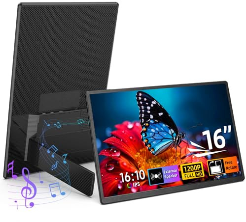 BKVOO Monitor portátil 16 1200p FHD para ordenador portátil, monitores verticales horizontales con altavoces externos, 100% sRGB Plug & Play, segunda pantalla de viaje para Mac Phone PS5
