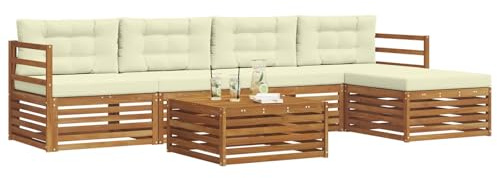 vidaXL Outdoor-Sofagarnitur mit Kissen 6 pcs Natur und Creme, Outdoor Sofa, modernes Gartenmöbel für Terrasse, gemütliches Sitzset, robust und stilvoll