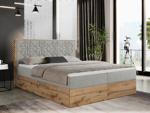 MKS MEBLE Boxspringbett 200x200 cm mit Bettkasten und Kopfteil, Polsterbett mit Matratze H3 und Topper Visco, Boxspringbett mit Massivholz - Nessi - Hellgrau Strukture