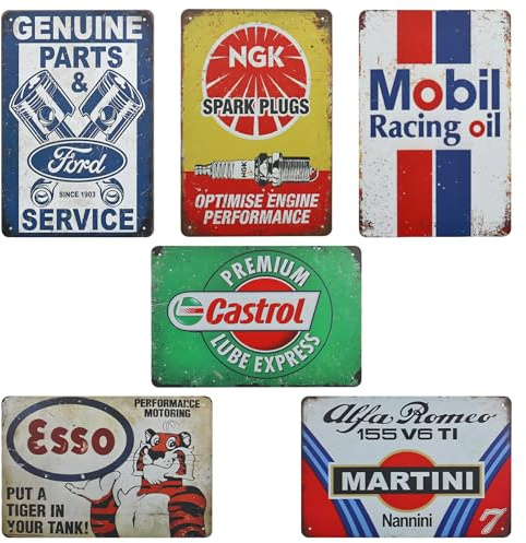 6er Set Garage Metallschilder Retro Motorrad Metallschild Retro Garage Benzin Wandschild Motoröl Metall Schilder Vintage Auto Werkstatt Deko Metall Post