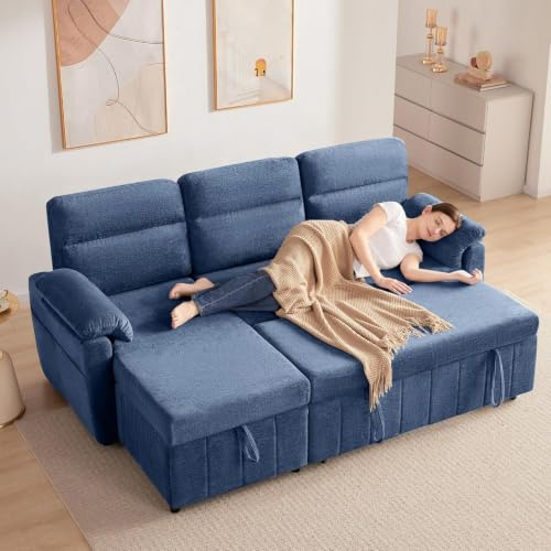Kingfun 203cm Ecksofa mit Schlaffunktion & Bettkasten, 3-Sitzer ausziehbares L-Form Schlafsofa mit USB & Stauraum, Kleines Schlafcouch Sofa Bett für Wohnung und Wohnzimmer, Blau