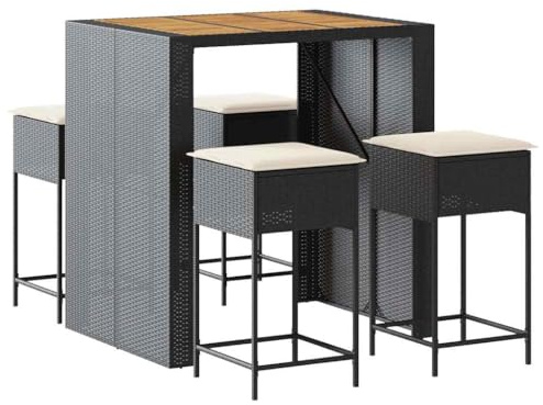 HFXHIJXQ 5-TLG Gartenbar-Set mit Kissen - Poly Rattan Bistrotisch Set Schwarz mit Akazienholz-Tischplatte - Outdoor Tresen mit 4 Barhockern für Garten, Terrasse und Balkon