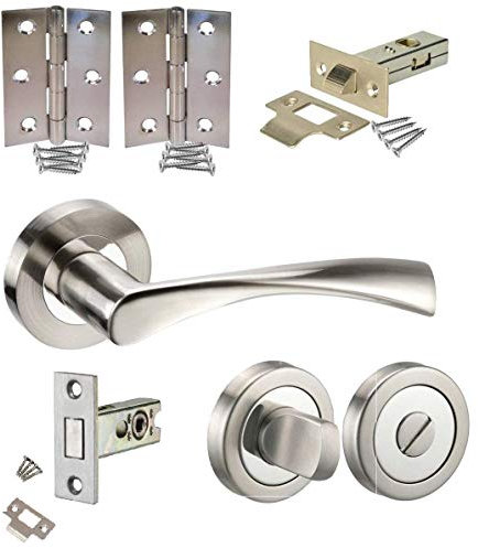 Jiyo.Outdoor Astrid Design Modern Bathroom Door Handle Pack in Duo Chrome Finish with Deadbolt Hinges & Tubular Latch