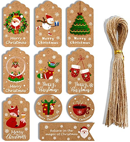 DOJoykey Xmas Gift Tags, 50pcs 10 Design Kraft Paper Christmas Labels with 50pcs Jute String for Gift Christmas Tree Decoration