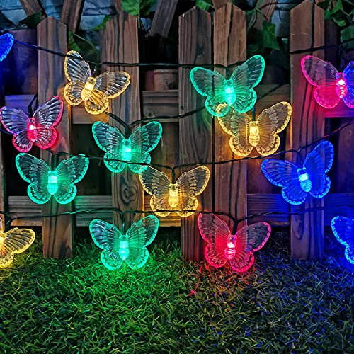 EONANT Solar Schmetterling Lichterkette, wasserdicht 20 Fuß 30Led Kristall Schmetterling Garten Solarlicht 8 Modi Outdoor Lichterkette Garten Rasen Weihnachtshochzeitsdekoration (Mehrfarbig)