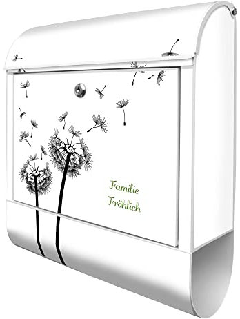 banjado® Design Briefkasten personalisiert mit Pusteblume 2 38,5x46,5x13cm & 2 Schlüssel - Briefkasten Stahl weiß mit Zeitungsfach pulverbeschichtet - Postkasten A4 Einwurf inkl. Montagematerial