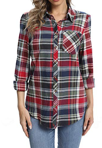 fuinloth Chemisiers et Blouses Femme Chemise en Flanelle Légère à Carreaux et Manches Longues Shirt élégant Tunique avec Poches Rouge M 38-40