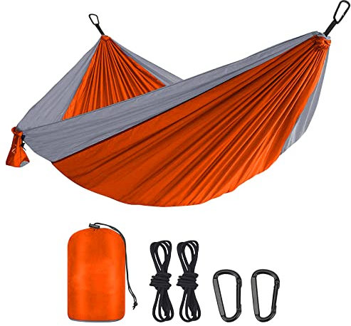 DULKET Camping Hammock Portable Ultralight Travel Hammocks Breathable Nylon with 5 FT Tree Straps for Outdoor Camping Hiking Backpacking Indoor Garden (150kg Capacity) (Orange grey)