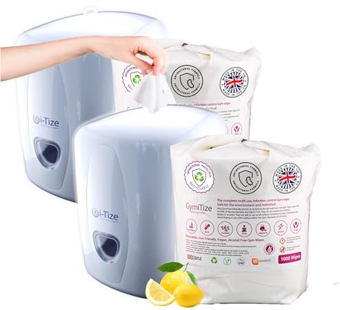 Gym Antibacterial Wipes Dispenser, Plus Our Alcohol Free Antiviral Wipes, Advanced Barrier Technology, Made in the UK (2 White Dispenser, 2000 Wipe Refill).