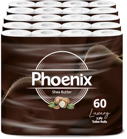 Phoenix Toilet Rolls – 60 Pack | 3 Ply Shea Butter Scented Toilet Paper | Bulk Buy, Soft, Quilted, Sustainably Sourced, Eco- Friendly Luxury Bathroom Tissue