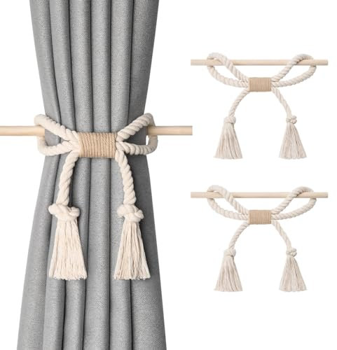 Pretty Jolly 2 Pack Natural Cotton Rope Curtain Tiebacks Boho Rustic Style Decorative Drape Tie Backs Farmhouse Hand-Woven Curtain Holdbacks with Wood Club for Home Office Drapery (Cotton knot-Beige)