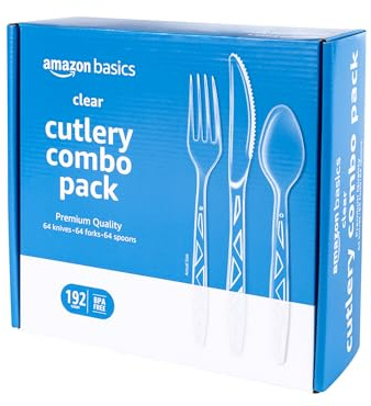 Amazon Basics Disposable Clear Plastic Cutlery Set, Premium Quality, Strong, 192 Count, Large Combo Pack Forks, Spoons and Knives